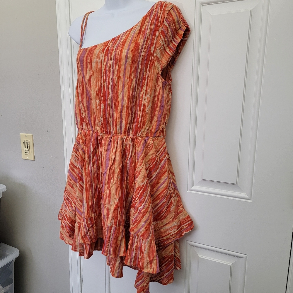 Free People Heart Shaped Face One Shoulder Mini Dress Orange/Multi-Size L #NA228 - Picture 3 of 10
